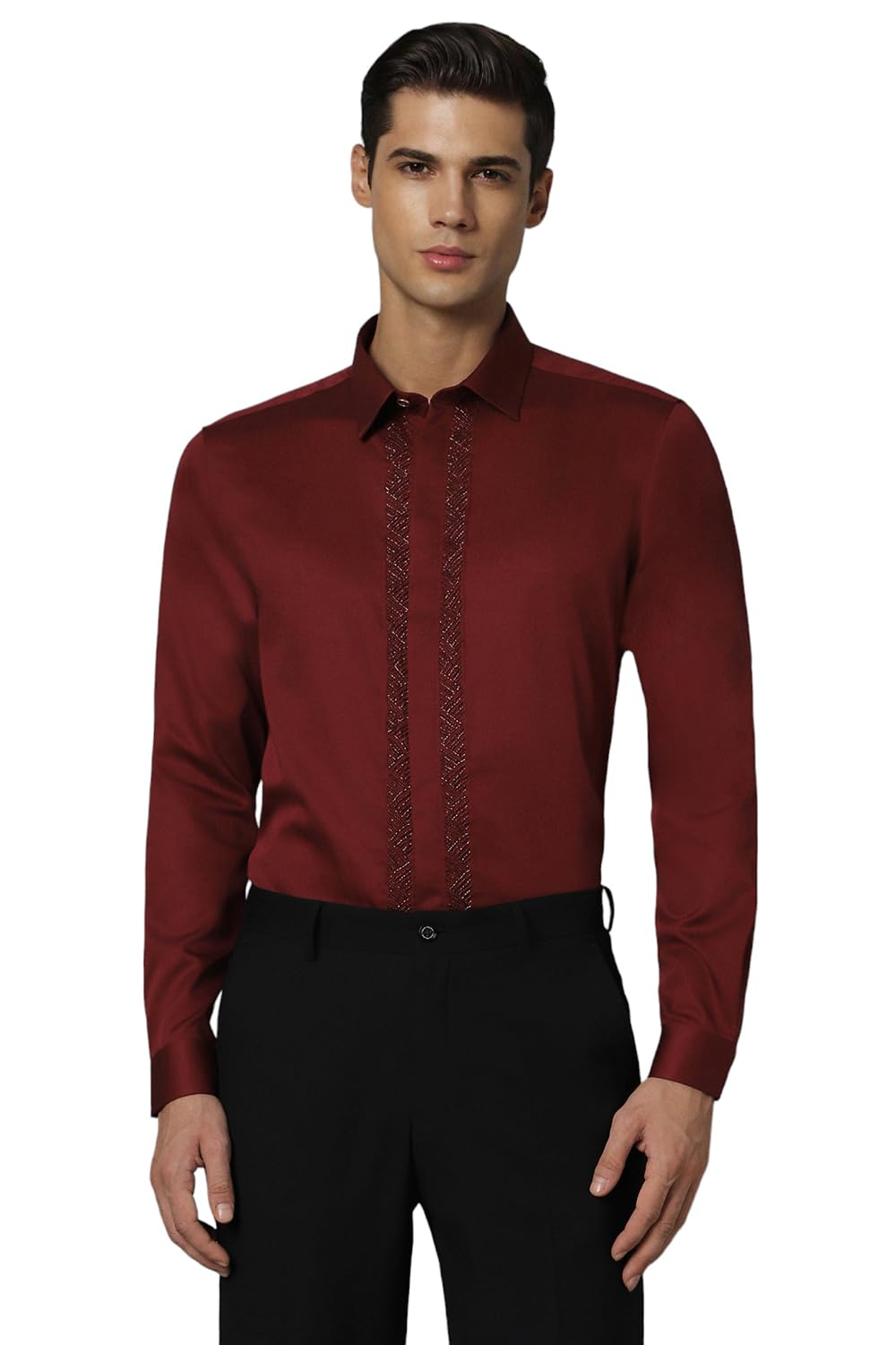 Louis Philippe Men Maroon Slim Fit Solid Full Sleeves Formal Designer Shirt