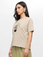 The Souled Store Plants Over Pixels Women and Girls Short Sleeves Round Neck Beige Embroidered Cotton Relaxed Fit T-Shirts