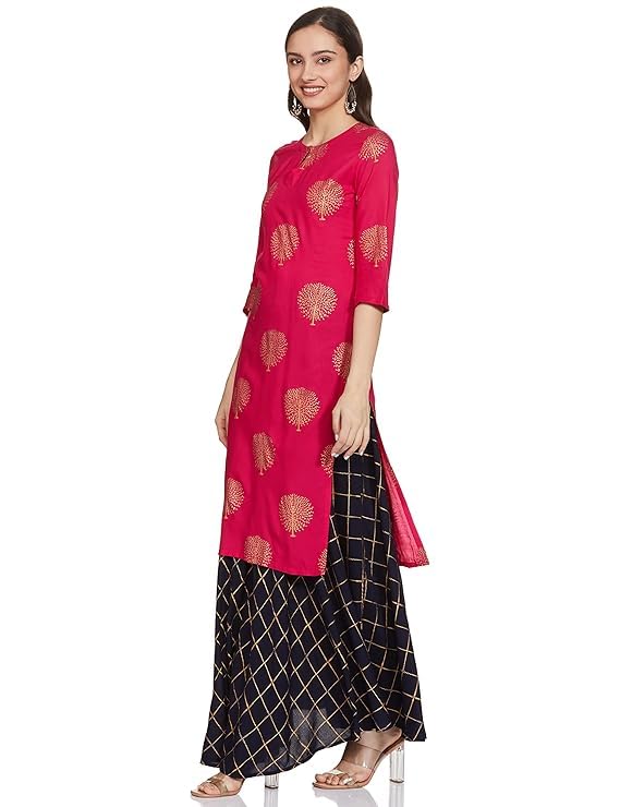 Libas Gerua Womens Printed Viscose Straight Kurta With Skirt