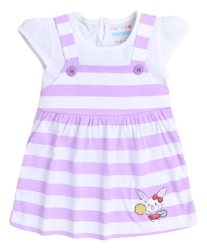 Bumzee Lavender & White Girls Cap Sleeves Cotton Frock Age - 6-12 Months (Peb9001C-Lvd.Wht)