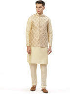Jompers Mens Dupion Solid Kurta Pyjama Set With Printed Nehru Jacket