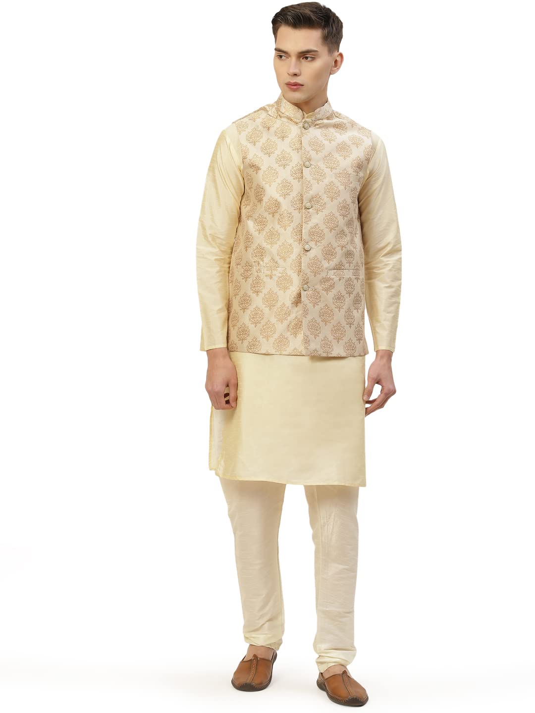 Jompers Mens Dupion Solid Kurta Pyjama Set With Printed Nehru Jacket