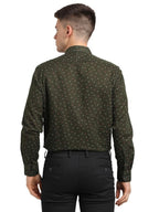 Turtle Men Cotton Linen Olive Printed Slim Fit Full Sleeve Formal Shirt
