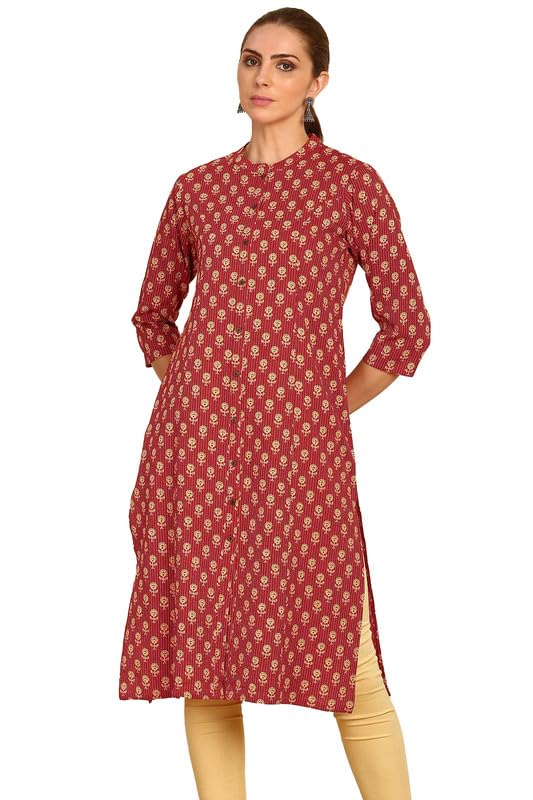 Soch Womens Red Floral Printed Cotton Kurta With Mandarin Collar