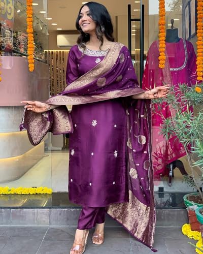 ANNI DESIGNER Womens Cotton Blend Straight Embroidered Kurta with Pant & Dupatta (Beyond Purple_L_Purple_Large)