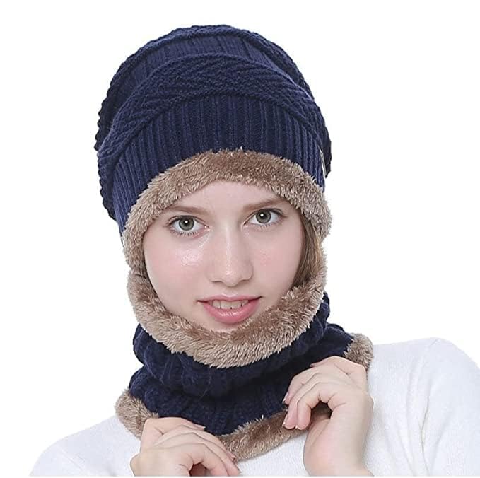 Tradehub Unisex Winter Knit Neck Scarf And Warm Beanie Cap Hat Combo (Blue)  22-23.6