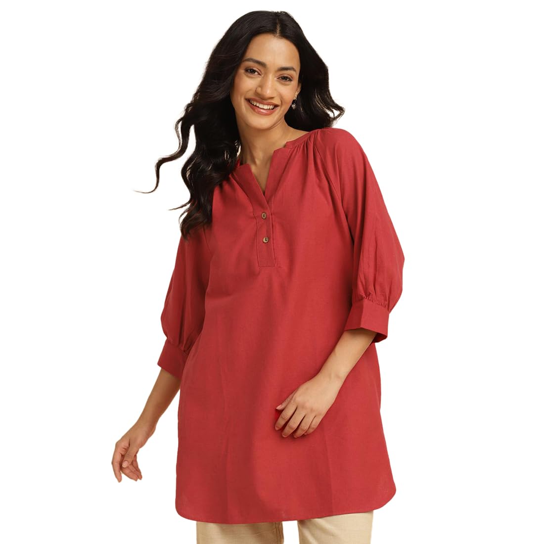 Fabindia WomenS Solid Comfort Fit Tunic Shirt (10708593_Red