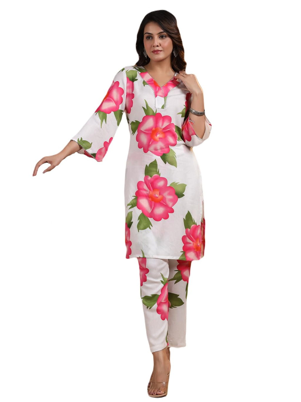 ANNI DESIGNER Womens Rayon Blend Straight Printed Kurta with Pant (Lace Cream Co-ord-BV_M_White_Medium)