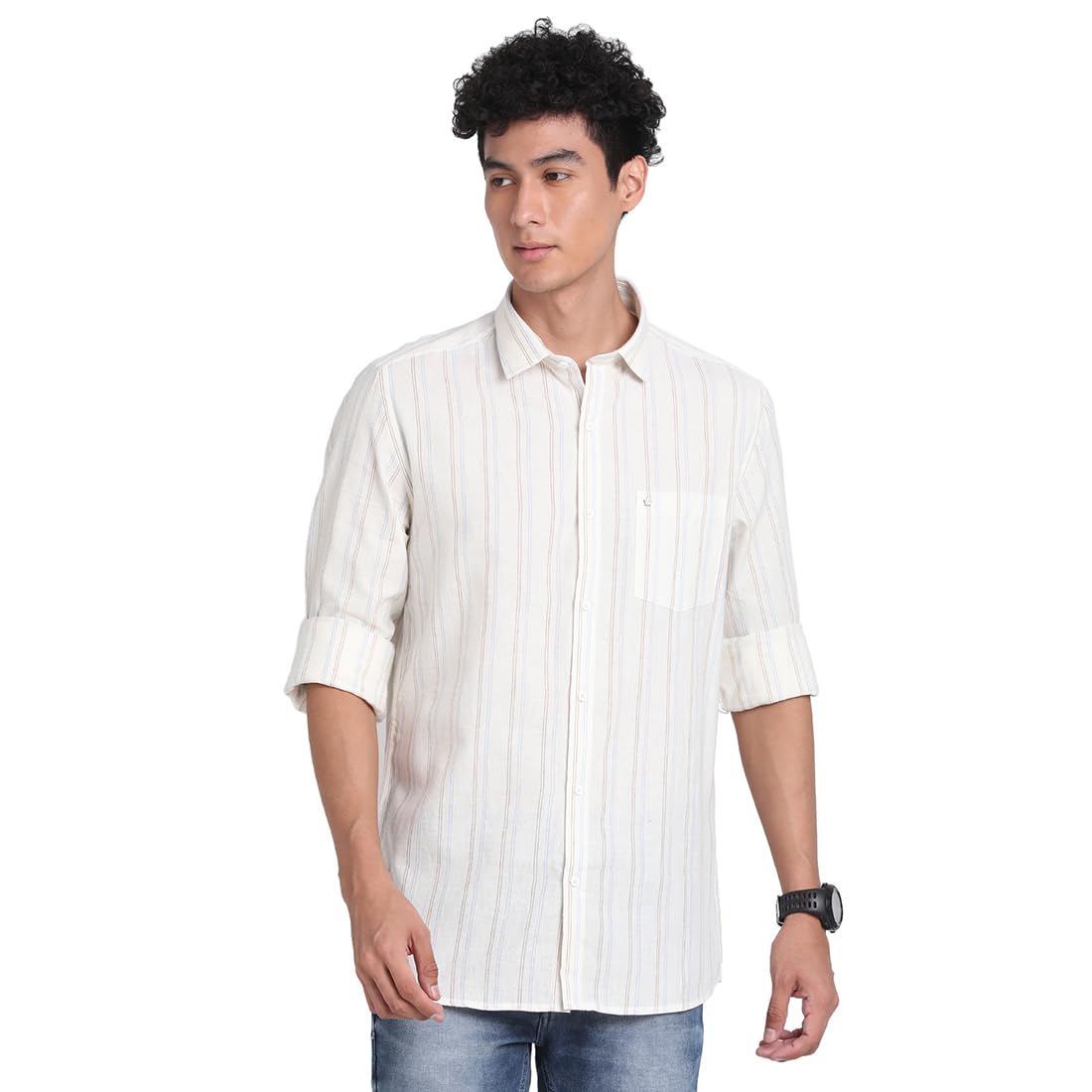Turtle Men Khadi Slim Fit Off White Stripe Casual Shirt