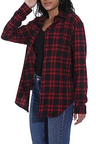 GUANYY Women's Classic Plaid Button Down Shirt - Loose Fit and Long Sleeves (Red Black Plaid, Large)