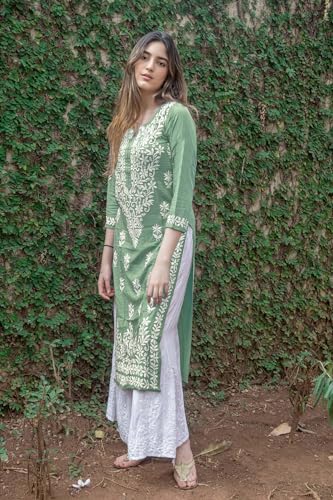 ANNI DESIGNER Womens Rayon Blend Straight Chikankari Embroidered Kurta (Victoria Green_L_White_Large)