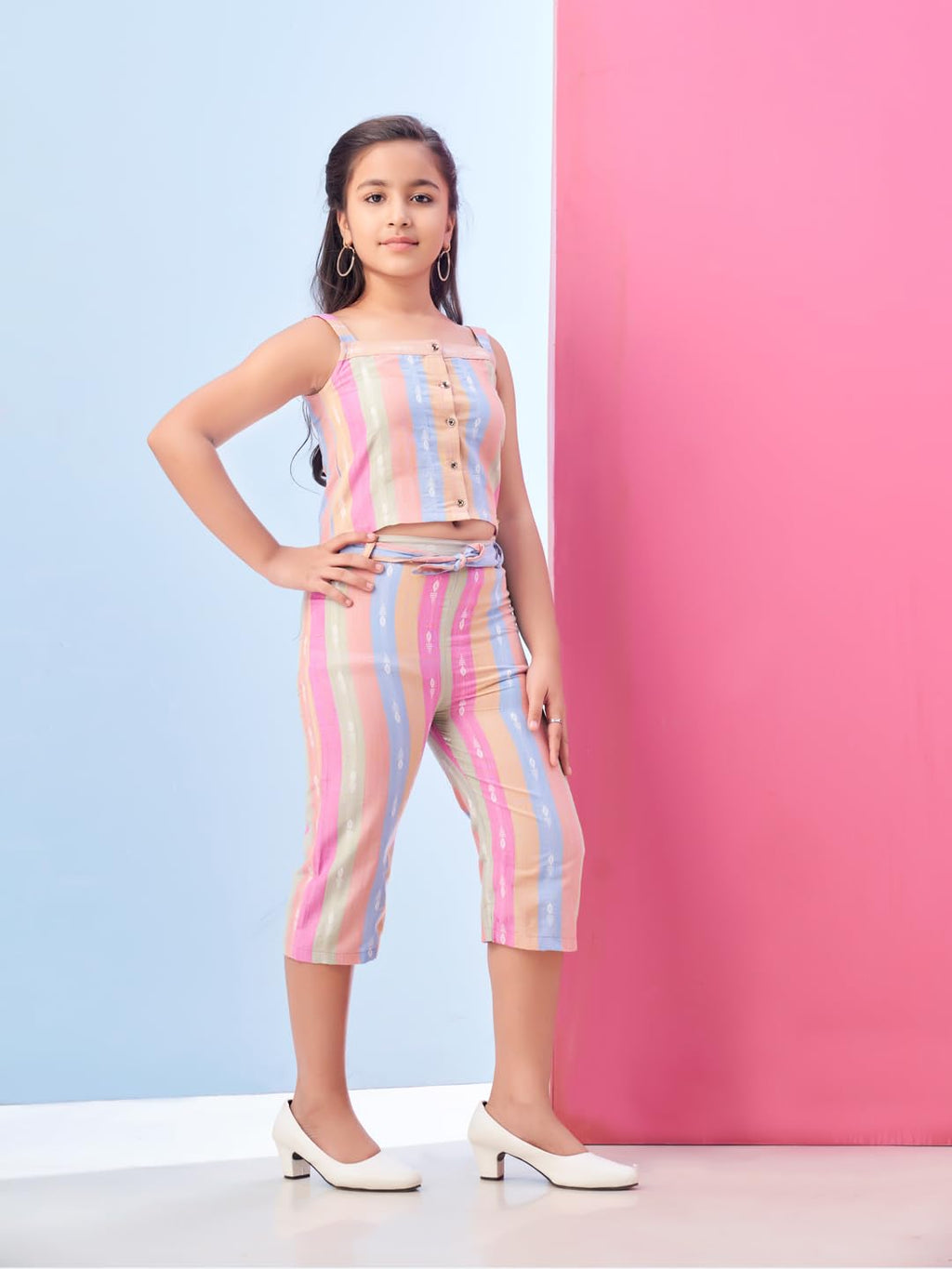 Aarika Girls Casual Wear Pink Colour Stripes Print Cotton Top & Pant With Belt-3-11 Years (DR-TR-K-989)