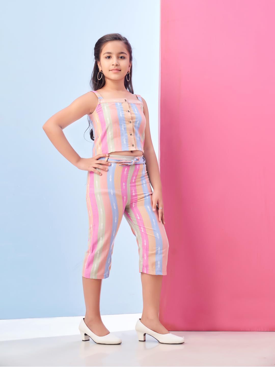 Aarika Girls Casual Wear Pink Colour Stripes Print Cotton Top & Pant With Belt-3-11 Years (DR-TR-K-989)