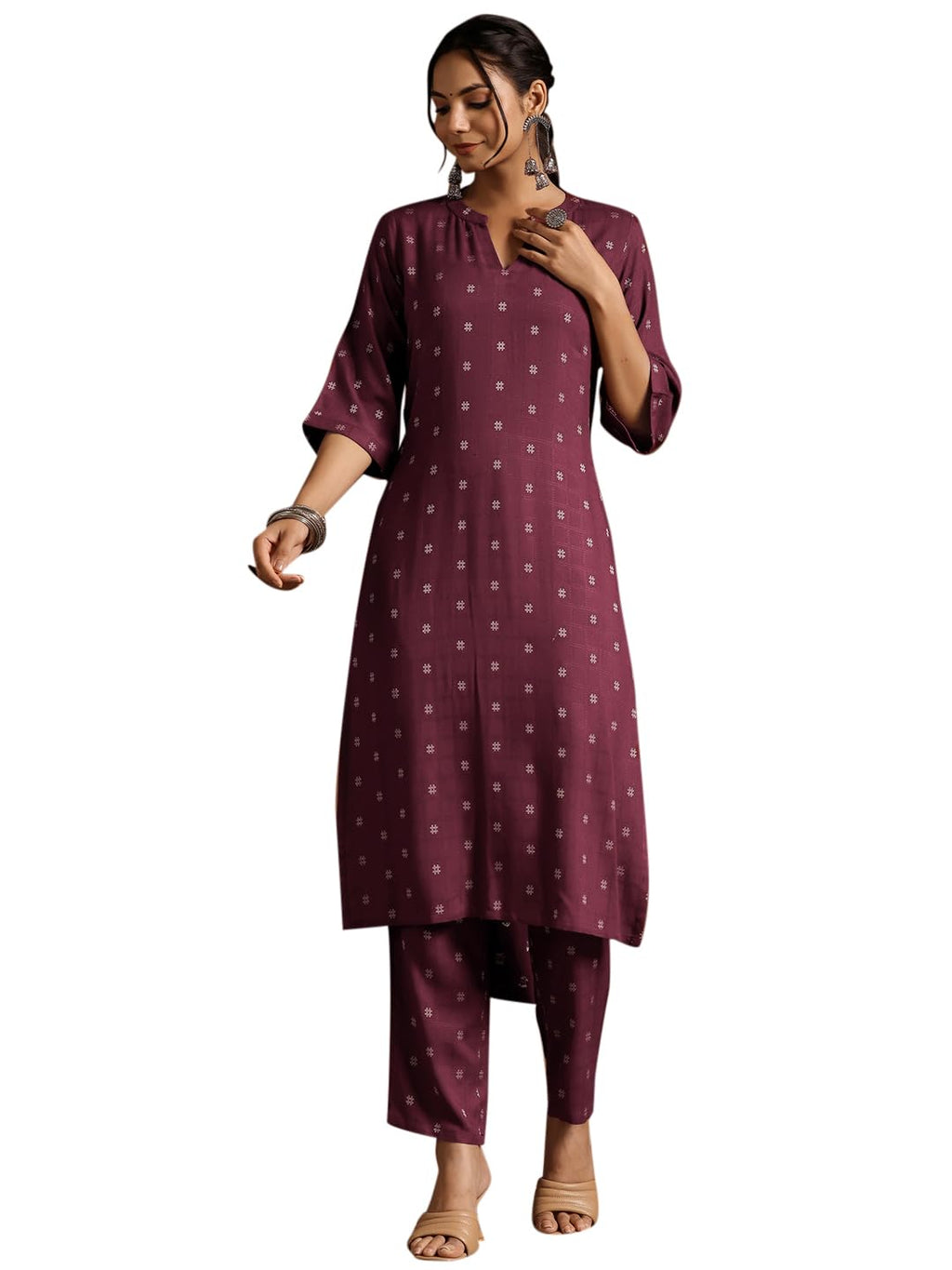 Libas Womens Woven Design Cotton Blend Straight Kurta With Trousers