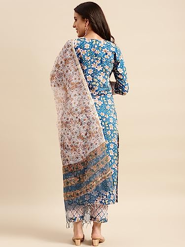 ANNI DESIGNER Womens Cotton Blend Straight Printed Kurta with Pant & Dupatta (Kuntu Blue-NWG_M_Blue_Medium)