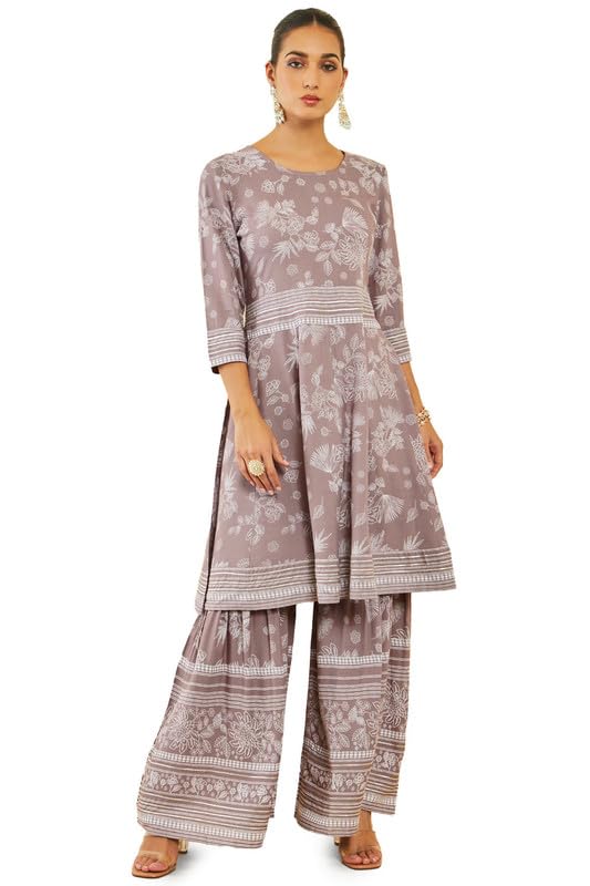 Soch Womens Earth Rayon Floral Print Flared Round-Neck Kurta And Sharara Set