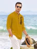 Finivo Fashion MenS Printed Cotton Blend Short Kurta With Artistic Chest Design | Stylish Full Sleeve Casual Kurta With Mandarin