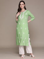 Anubhutee Women'S Viscose Rayon Green Thread Work Ethnic Motifs Embroidered Straight Kurta