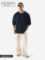 The Souled Store Solids: Navy Men and Boys Full Sleeve V- Neck Oversized Fit T-Shirts Oversized Mens T-Shirts Solid Basic Tees