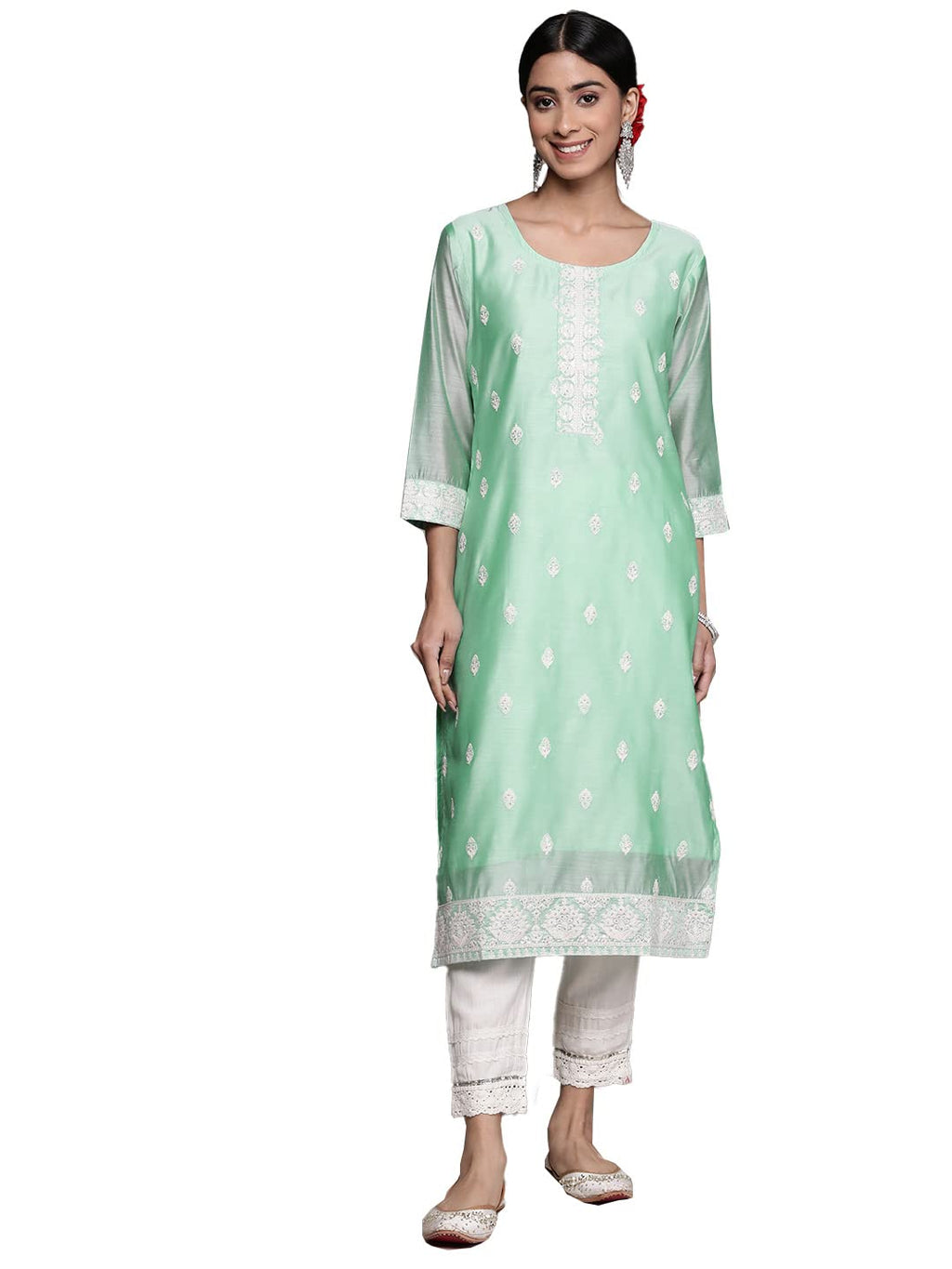 Ishin Women'S Cotton Silk Sea Green Embroidered A-Line Kurta