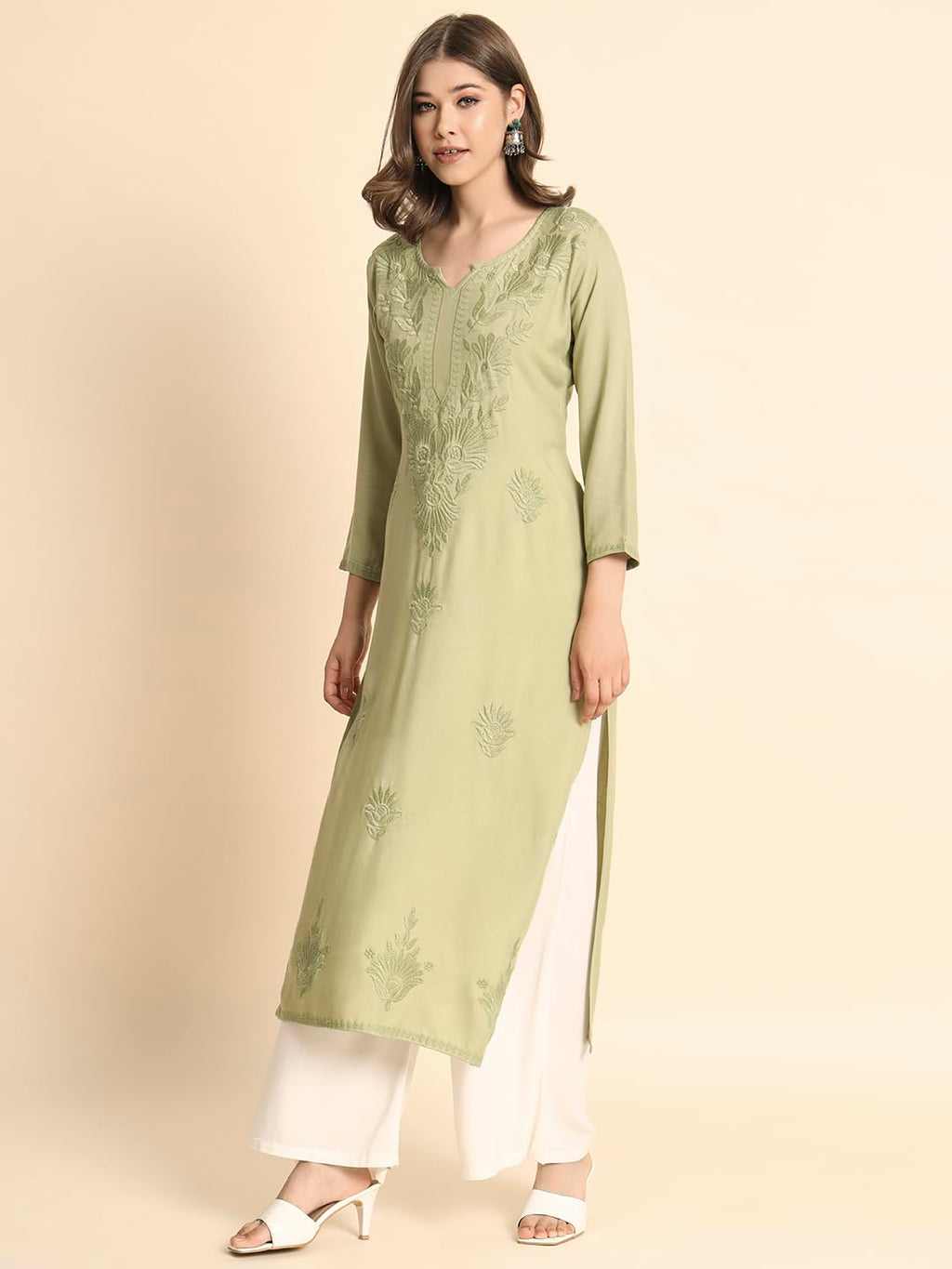 VAIRAGEE Womens Rayon Straight Cut Round Neck Kurta with Beautiful Lucknowi Chickenkari Work (1593) Olive Green
