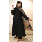 ANNI DESIGNER Anarkali Women s Plain Viscose Kurta with Trousers and Dupatta, Black, Medium