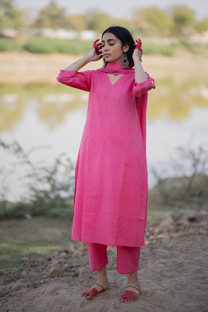 ANNI DESIGNER Womens Rayon Blend Solid Straight Kurta with Pant & Dupatta (JANEU Pink_XL_Pink_X-Large)
