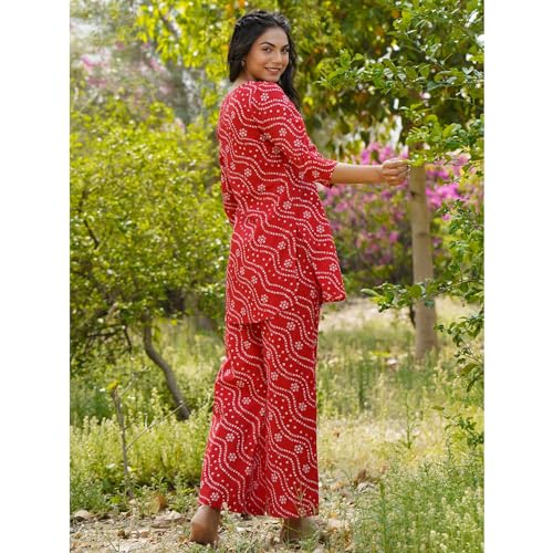 ANNI DESIGNER Womens Rayon Blend Straight Bandhej Printed Kurta with Pant (Nesta Red_M_Red_Medium)