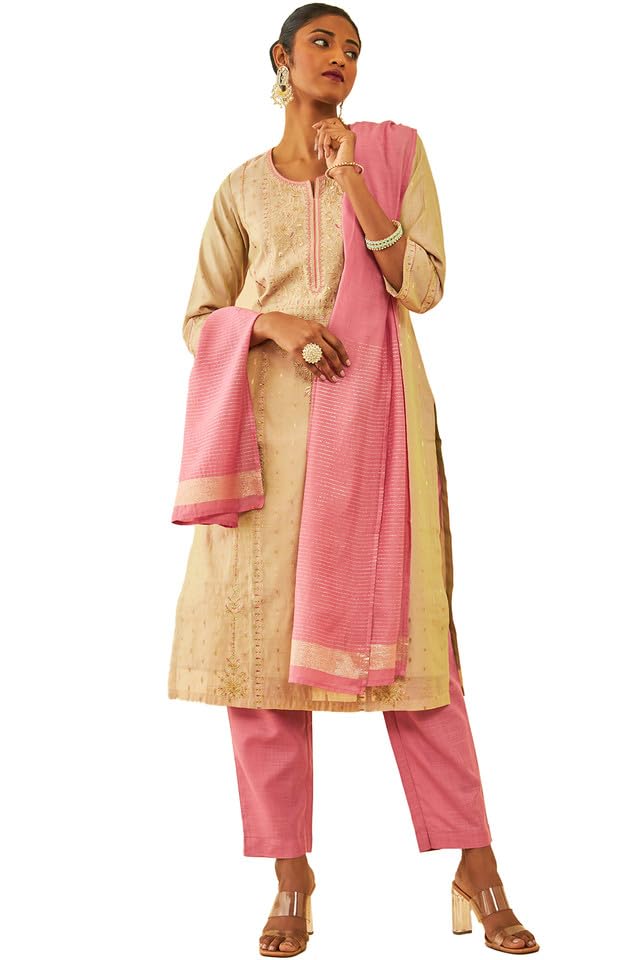 Soch Women Chanderi Floral Embroidered Suit Set with Zari