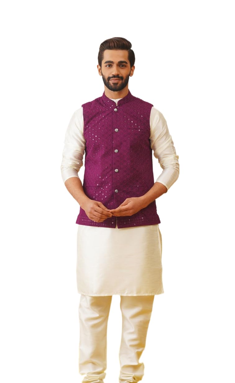 Jompers Mens Sequins And Embroidered Nehru Jacket With Solid Kurta Pyjama Set