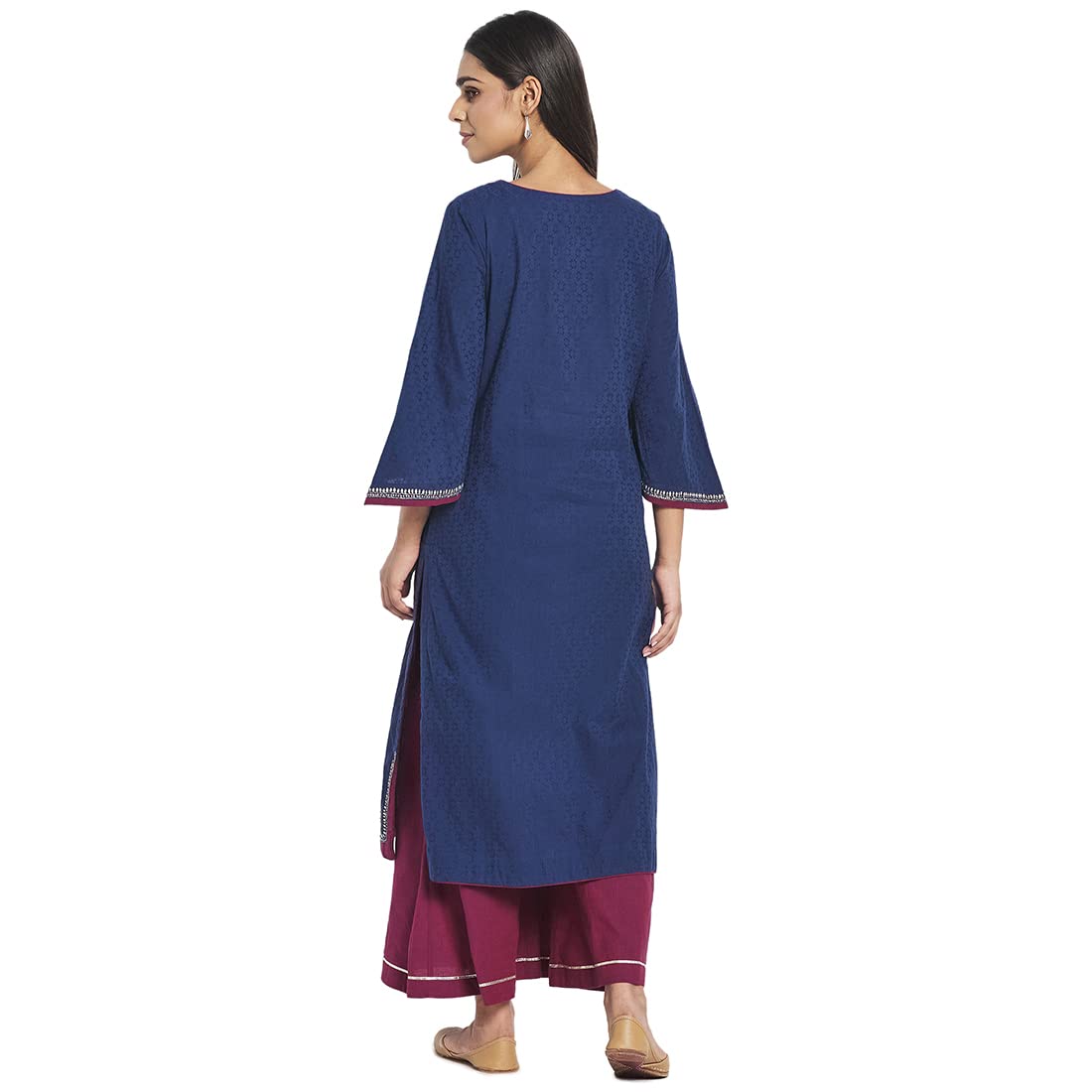 Fabindia Women Cotton Embroidered Slim Fit 2 Piece Kurta Set Blue