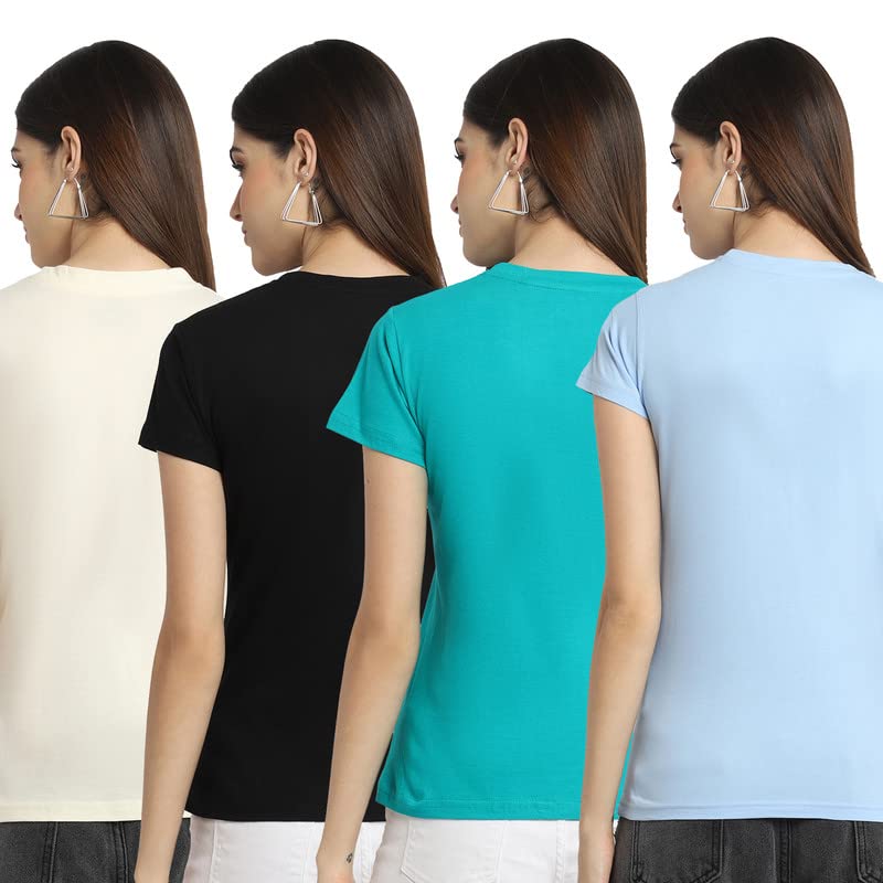 Preneum Womens Cotton Regular Fit Latest Graphic Stylish Printed Short Sleeves Casual T-Shirt || Latest Style (Pack 4), Beige &
