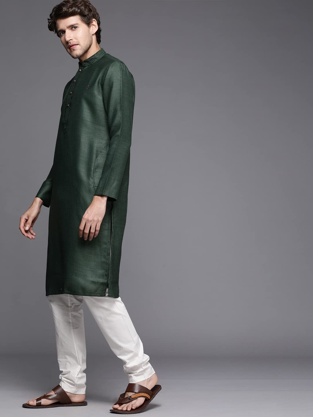 Manyavar Kurta Set For Men, Full Sleeves Mandarin Collar Ethnic Kurta Set For Engagement, Wedding, Party Solid Kurta Set Blended