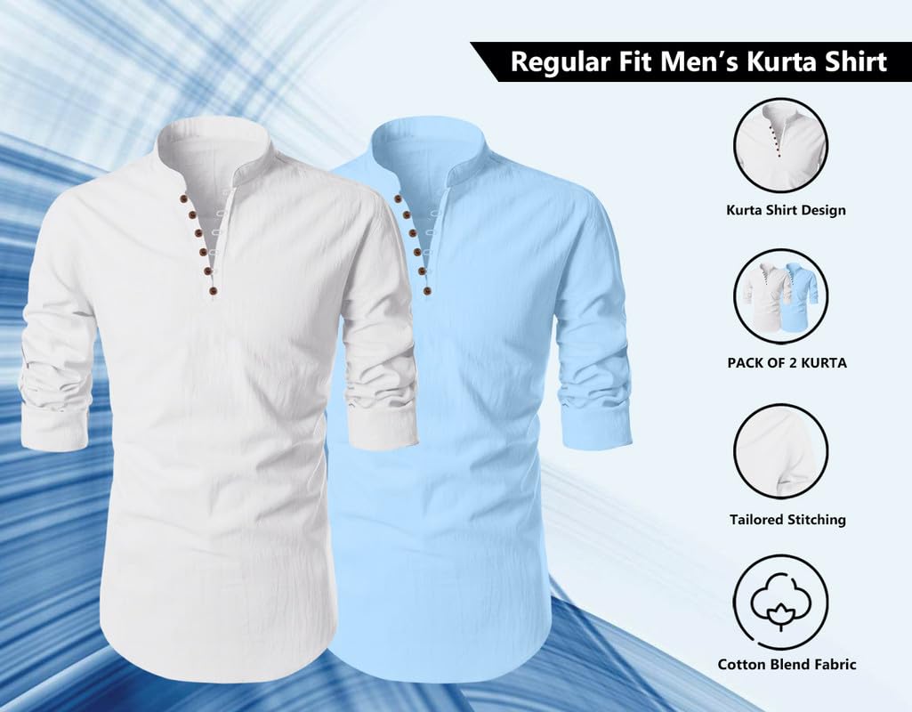 Finivo Fashion MenS Cotton Blend Regular Fit Solid Casual Kurta Shirt Pack Of 2