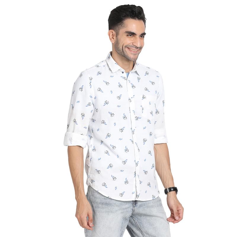Turtle Men Cotton Linen White Printed Slim Fit Full Sleeve Casual Shirt