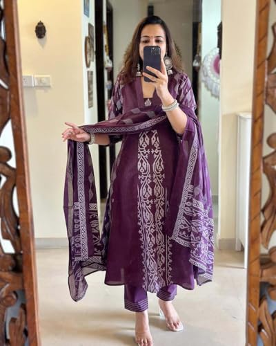 ANNI DESIGNER Womens Rayon Viscose Printed Anarkali Kurta with Pant & Dupatta (JARRY Wine_XL_Wine_X-Large)