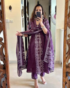 ANNI DESIGNER Womens Rayon Viscose Printed Anarkali Kurta with Pant & Dupatta (JARRY Wine_XL_Wine_X-Large)