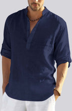 Hemrin MenS Cotton Blend Full Sleeve Short Kurta Shirt With Mandarin Collar Navy Blue