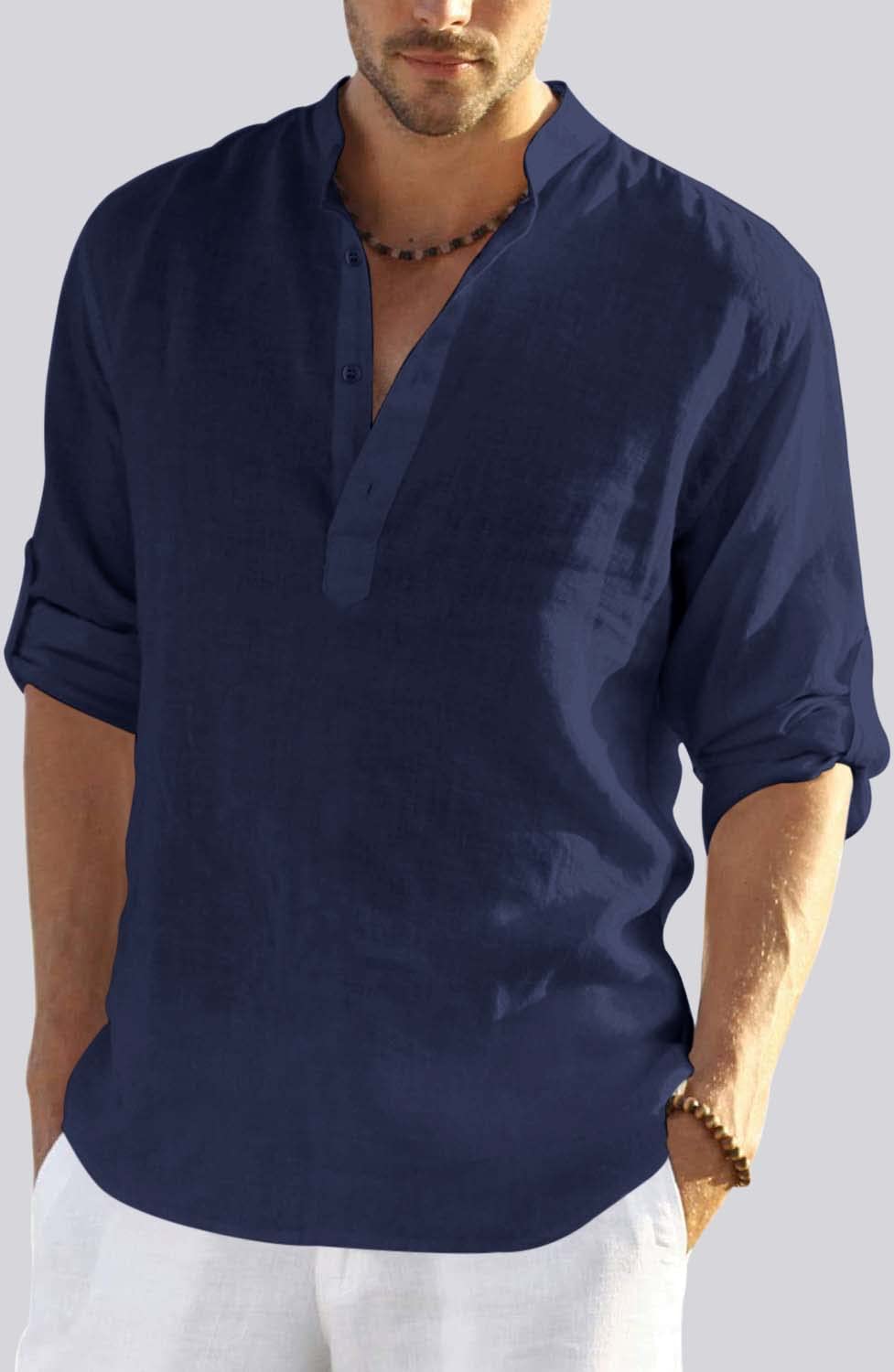 Hemrin MenS Cotton Blend Full Sleeve Short Kurta Shirt With Mandarin Collar Navy Blue