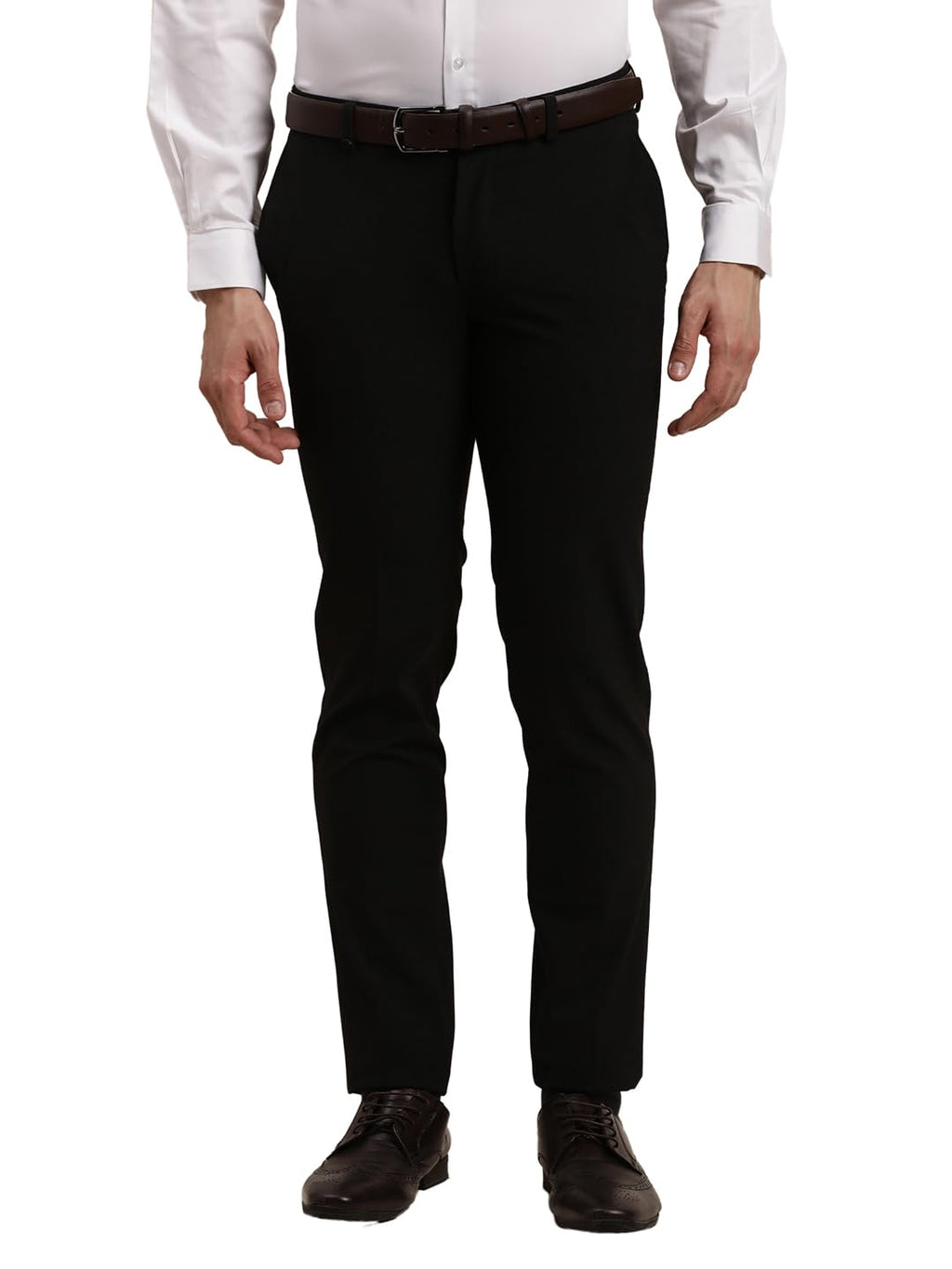 Turtle Men Black Slim Fit Solid Flat Front 4 Way Stretch Formal Trouser