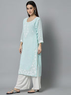 Ekasya Womens Georgette Straight Cut Round Neck Kurta with Beautiful Floral Lucknowi Work