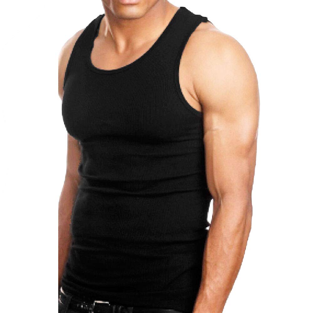 Goyoma 3 Packs Mens 100% Cotton Tank Top White/Black Wife Beater A-Shirt Undershirt (L, Mix)