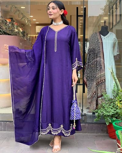 ANNI DESIGNER Womens Rayon Blend Anarkali Embroidered Kurta with Pant & Dupatta (Ranibai Blue_M_Blue_Medium)