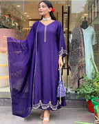 ANNI DESIGNER Womens Rayon Blend Anarkali Embroidered Kurta with Pant & Dupatta (Ranibai Blue_M_Blue_Medium)