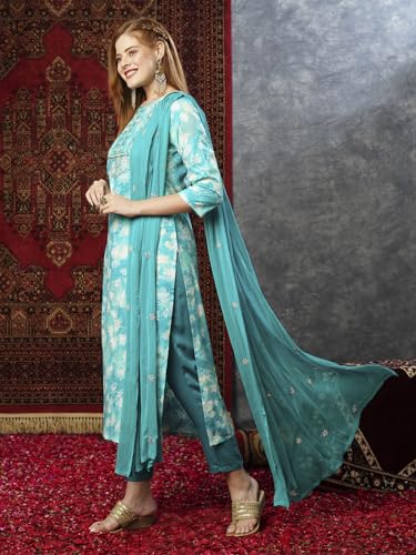 ANNI DESIGNER Womens Cotton Blend Printed Straight Kurta with Pant & Dupatta (Bhadrusha See Green_S_See Green_Small)