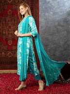 ANNI DESIGNER Womens Cotton Blend Printed Straight Kurta with Pant & Dupatta (Bhadrusha See Green_S_See Green_Small)