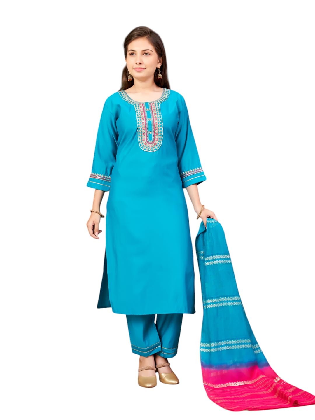 Aarika Girls Ethnic Wear Turqouise Colour Sequin Embroidery Silk Kurti Pant Set-10-15 Years (Kp-Sd-6001)