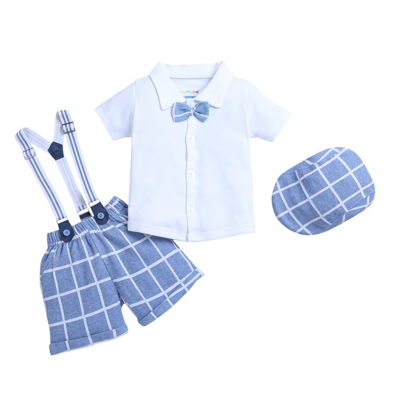 BUMZEE Cotton Sky Blue & White Boys Half Sleeves Shirt & Short Set With Bow Suspender & Cap Age - 0-6 Months
