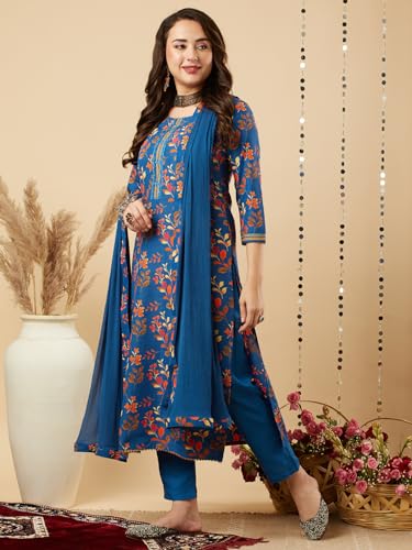 ANNI DESIGNER Womens Cotton Blend Printed Straight Kurta and Pant with Dupatta Set (KALEPING-KEROSIN-NW_XXL_Dark Blue_XX-Large)