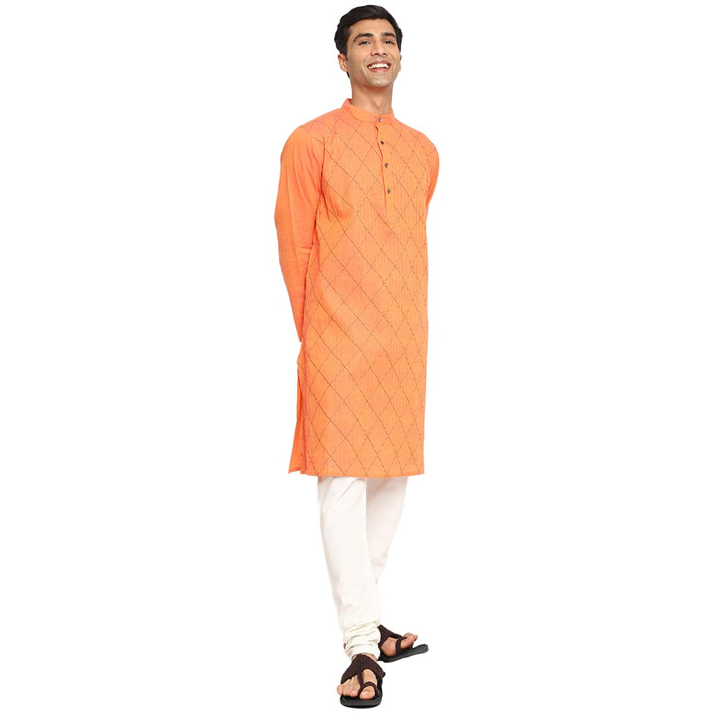 Fabindia MenS Cotton Pintucks Relaxed Kurta (102885402_Orange
